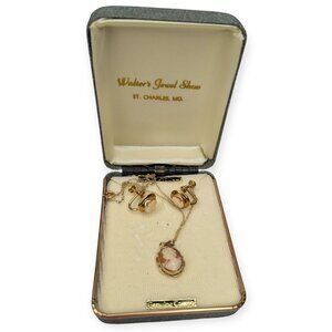 VNTG BOJAR 12k Gold Filled Cameo Necklace & Twist On Earrings Set Original Box